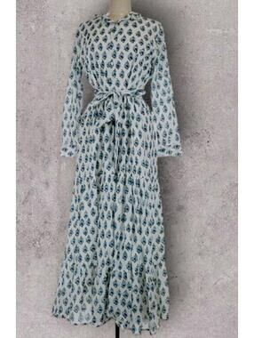 Saule Parc Boho Chic 100% Cotton Blue Floral Maxi Long Sleeve Ruffle Dress M